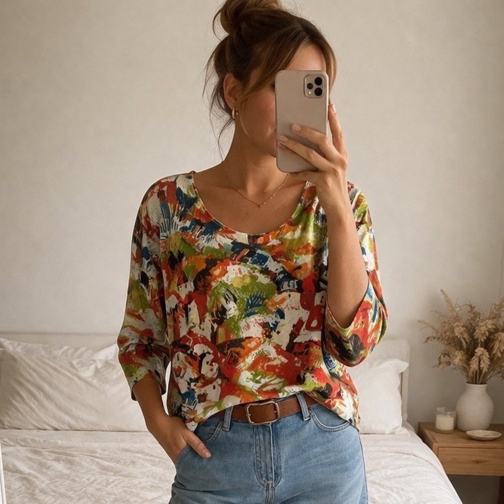 Chicos Women Size 2 Large Cotton Village Landscape Print 3/4 Sleeve Top Multi